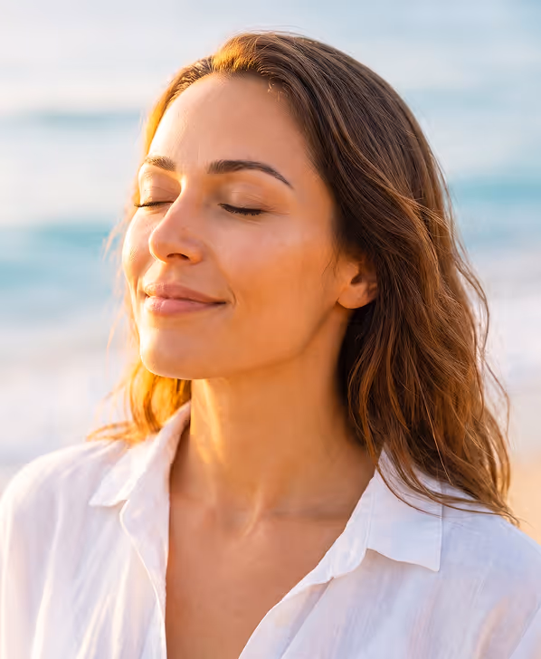Woman relaxing on the beach at sunrise — new patient offer